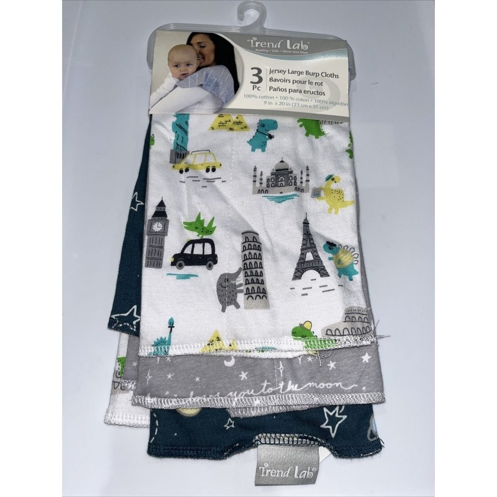 NWT Trend Lab Jersey Burp Cloth Set, Baby Traveler, (Pack of 3)